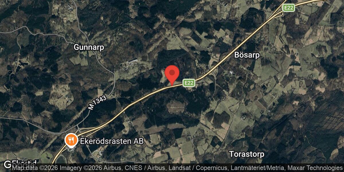 Singelolycka på E22 öster om Ekeröd påverkar trafiken mot Trelleborg