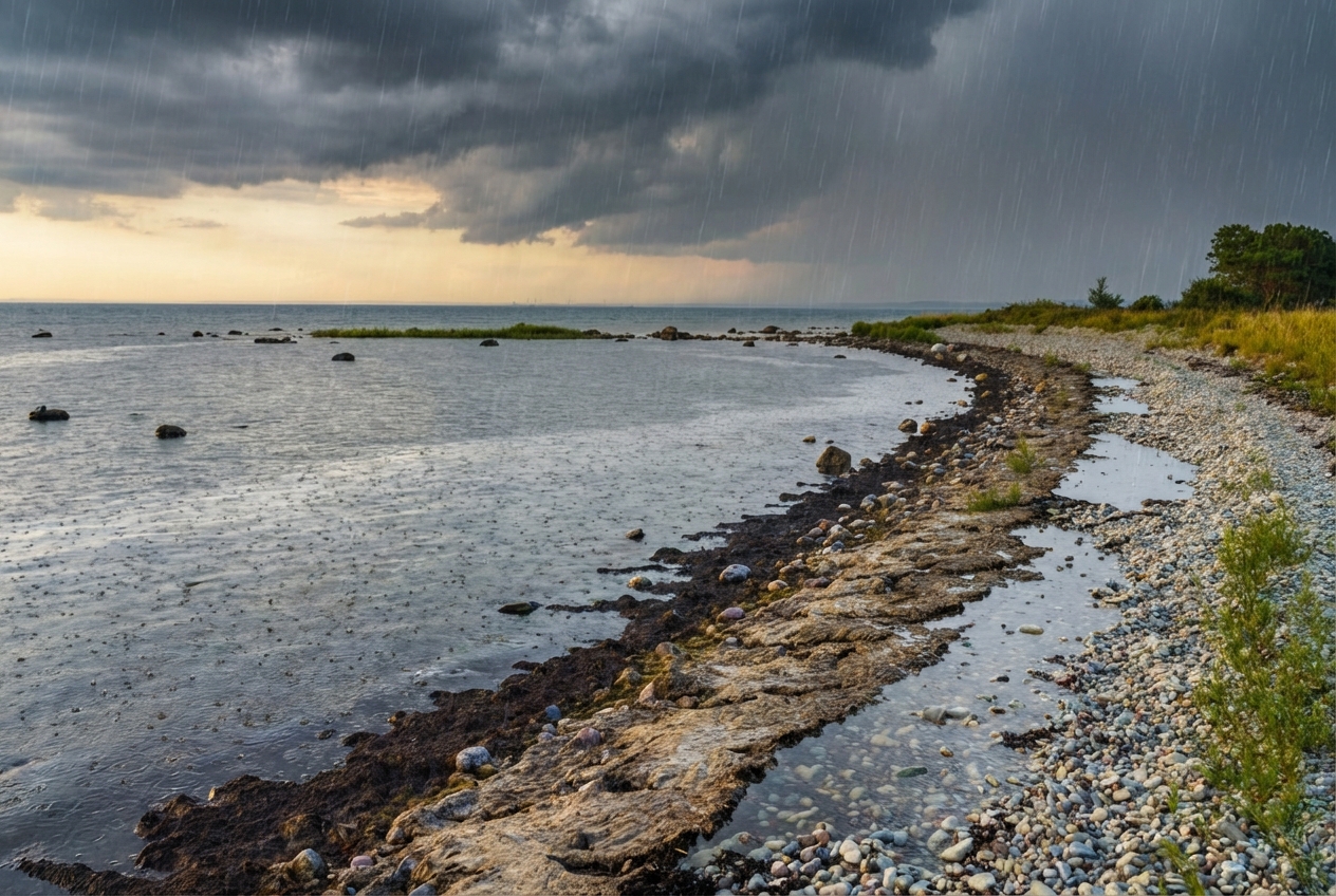 Bilden visar en karg kustlinje under ett regnigt väder. En grå himmel med mörka moln dominerar bakgrunden och det syns tydligt regn fallande över vattnet i förgrunden och upp mot horisonten. Till vänster sträcker sig ett lugnt hav med några utspridda stenar ovanför vattenytan. Till höger syns en strandlinje bestående av stenar och småsten, med inslag av sjögräs och våt jord närmast vattnet. Längre bort på stranden leder en remsa av ljusare stenar upp mot ett gräsområde med några små träd vid horisonten. Mellan stenarna och det gräsbevuxna området ligger en liten vattenfylld ränna, möjligen orsakad av regnvatten eller tidvatten. Färgschemat är dämpat med gråa, gröna och jordnära toner. Vattnets yta reflekterar ljuset från den ljusare delen av himlen i horisonten.
