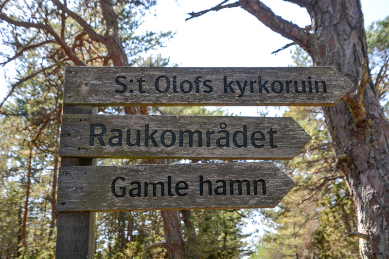 Bilden visar en träskylt med tre pilar som pekar åt höger. Överst står 'S:t Olofs kyrkoruin', i mitten 'Raukområdet' och nederst 'Gamle hamn'. Bokstäverna är svarta och texten är inbränd eller målad. Skylten är fäst vid en vertikal trästolpe, som är