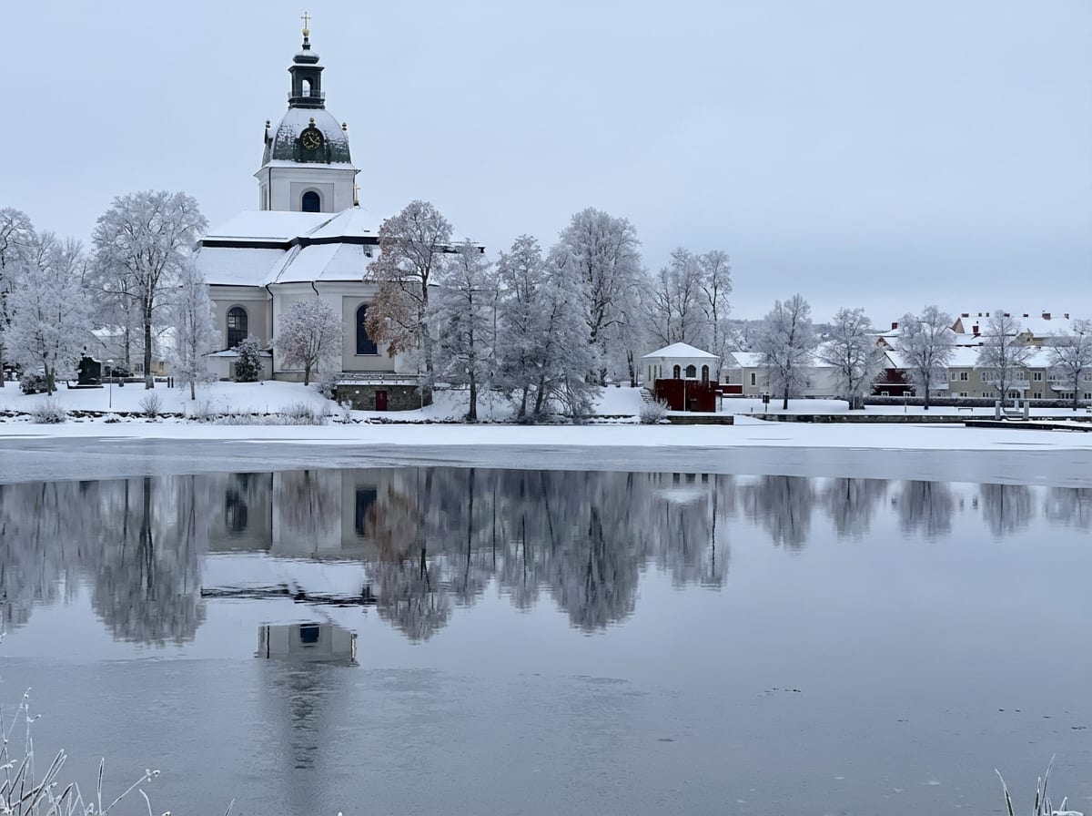 En kyrka med snöbeklätt tak och ett klocktorn med urtavla reflekteras i ett delvis isbelagt vattendrag. På land syns snötäckta träd och byggnader. Himlen är grå och omgivningen är täckt av snö.
