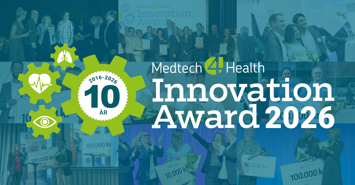 Bildkollage med flera scener från evenemang. Större delen av bilden är täckt av texten 'Medtech 4 Health Innovation Award 2026' med en grön kugghjulslogotyp som visar '10 år 2016-2026'. Människor interagerar, tar emot priser och håller upp stora chec
