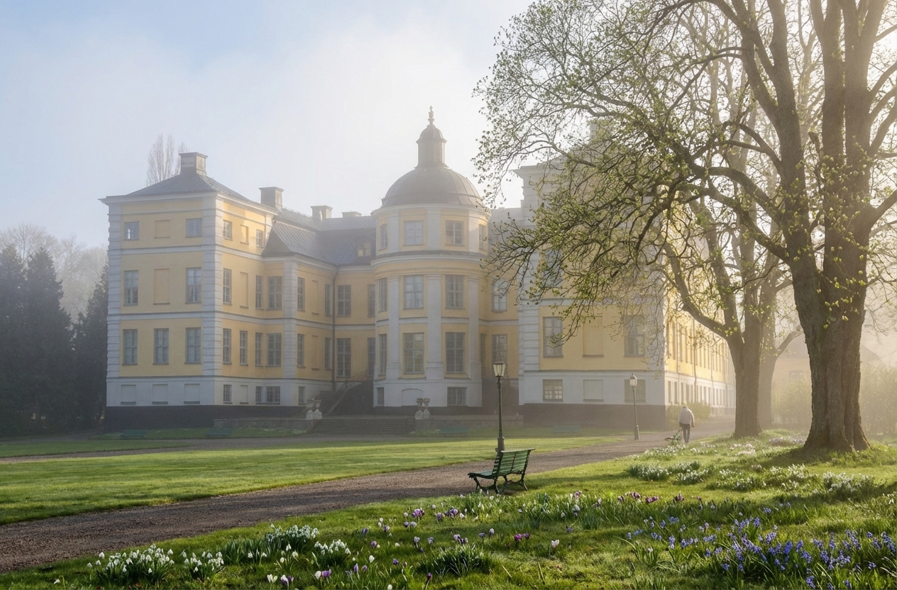 En gul barockbyggnad med en kupol syns i dimma med omgivande träd och gräsmattor. En person syns gå längs en grusgång och i förgrunden blommar vårlökar som snödroppar och krokusar. En grön parkbänk står vid gången.