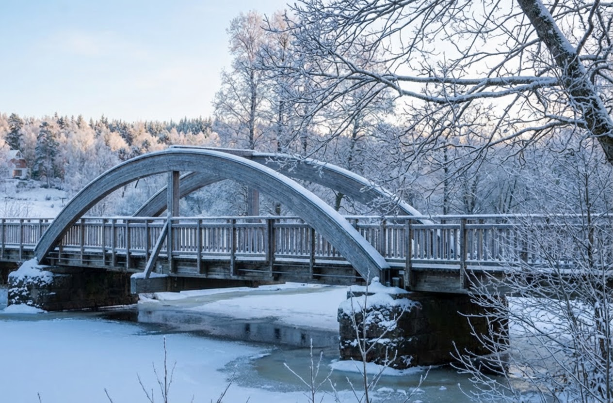 En vinterbild föreställande en träbro med två valv över en delvis frusen å. Naturen runtomkring är täckt av snö och frost, med snötäckta träd i bakgrunden och en liten byggnad synlig på en kulle till vänster.