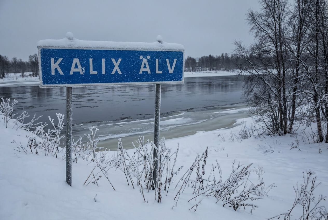 En blå skylt med texten "KALIX ÄLV" i vitt, täckt med snö och frost, står på en snötäckt flodbank. I bakgrunden flyter en delvis isbelagd flod med mörkt vatten som reflekterar himlen. På andra sidan floden syns träd och snötäckta ytor under en gråmul