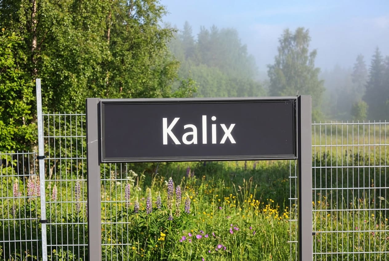 En svart skylt med texten ”Kalix” i vitt på en grå stolpe, omgiven av ett vajernät och frodig vegetation med lila och gula blommor. I bakgrunden syns skog med träd och en dimmig horisont.