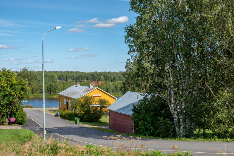 En bild tagen utomhus under dagtid som visar en blå himmel med vita moln ovanför ett landskap med träd, en sjö, byggnader och en asfalterad väg. I förgrunden syns torr vegetation och en björk, medan en gatlykta står till vänster om mitten.