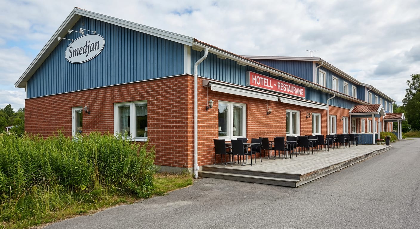 En röd tegelbyggnad med blå träpaneler pryds av skylten "Smedjan". På framsidan finns en uteservering med svarta stolar och bord på en träterrass. En skylt med texten "HOTELL - RESTAURANG" syns ovanför uteserveringen. Bilder i bakgrunden är träd och