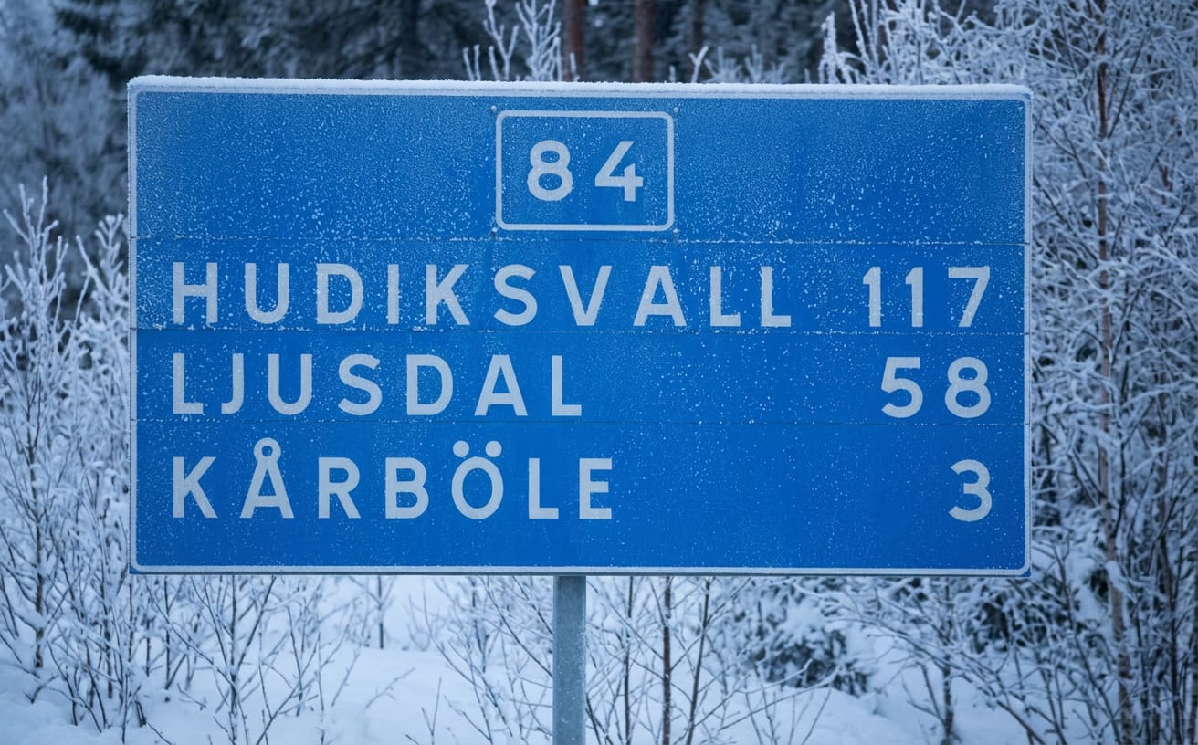 En blå vägskylt med vita bokstäver visar riktningar till Hudiksvall (117 km), Ljusdal (58 km) och Kårböle (3 km), samt vägnummer 84. Skylten och de omgivande träden är täckta av snö.