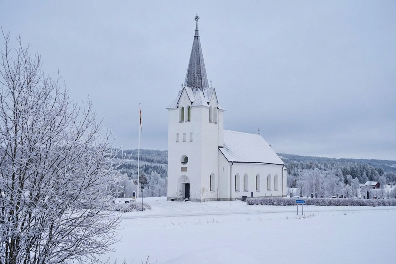 En vit kyrka med en spetsig kyrktorn, täckt med snö, omgiven av ett vinterlandskap. Träd täckta med snö och rimfrost syns i förgrunden och bakgrunden. En flaggstång står bredvid kyrkan.