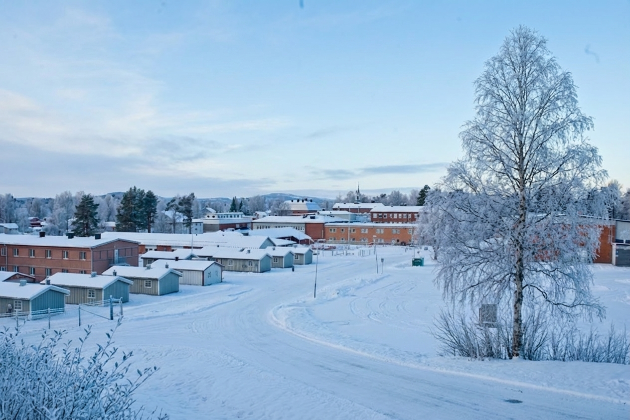 En bild visar ett vinterlandskap med snöklädda byggnader och träd under en blå himmel. I förgrunden syns snöiga fält och en snötäckt väg som slingrar sig genom området. Till höger står ett stort, lövfritt träd täckt av snö. En rad med små stugor syns