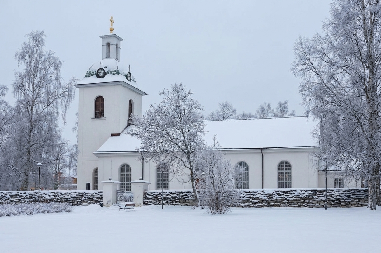 En vit kyrkobyggnad med ett klocktorn och ett guldfärgat kors på toppen, står i ett snötäckt landskap med frostiga träd. Mellan förgrunden och kyrkan finns en stenmur och snötäckta buskar, samt en bänk och en lyktstolpe.