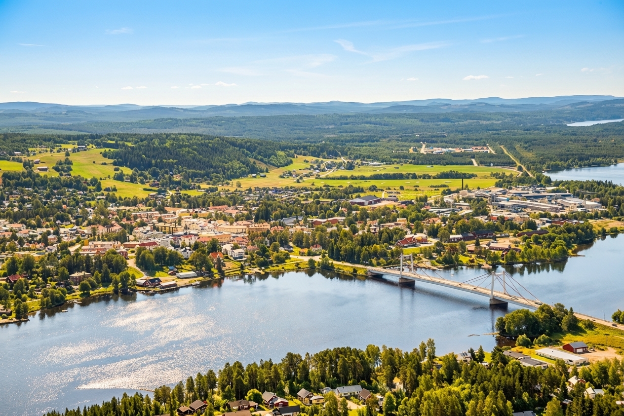 En vidvinkelbild från ovan visar en stad utspridd längs en flod eller sjö, med en bro som korsar vattnet. Omgivningen består av grönskande skogar och fält under en klarblå himmel med några få moln. Bebyggelsen varierar från äldre hus till större bygg