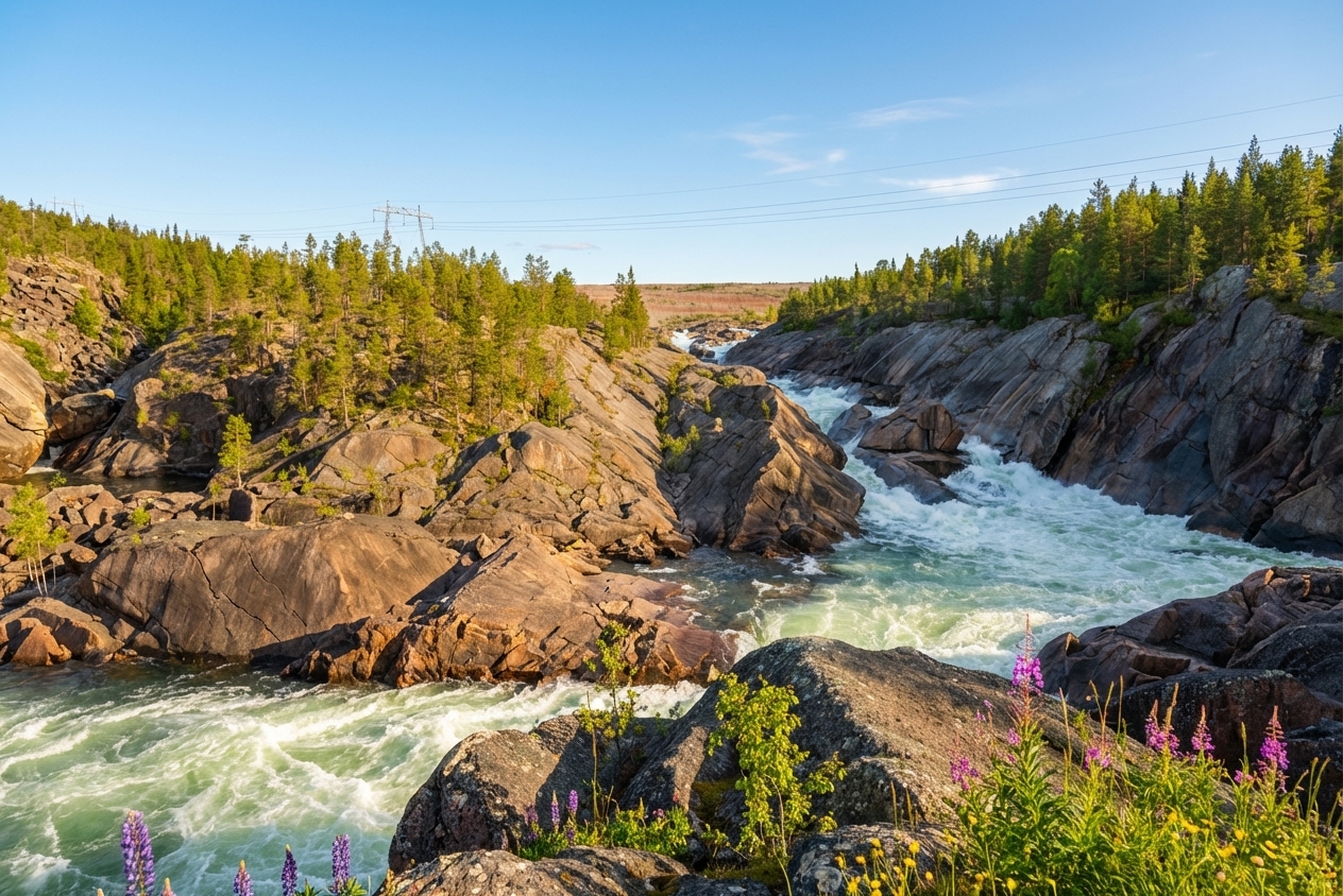 En forsande älv omgiven av klippiga bergsformationer och barrträd under en klarblå himmel. I förgrunden syns blommor i lila och gult. Högspänningsledningar korsar horisonten.