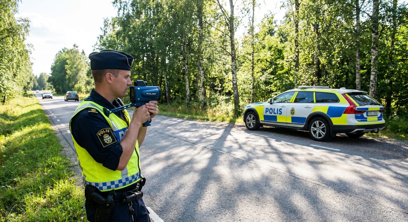 En polisman står vid sidan av en landsväg och använder en hastighetsmätare. En svensk polisbil står parkerad bakom honom på vägrenen. I bakgrunden syns skog och andra fordon på vägen.