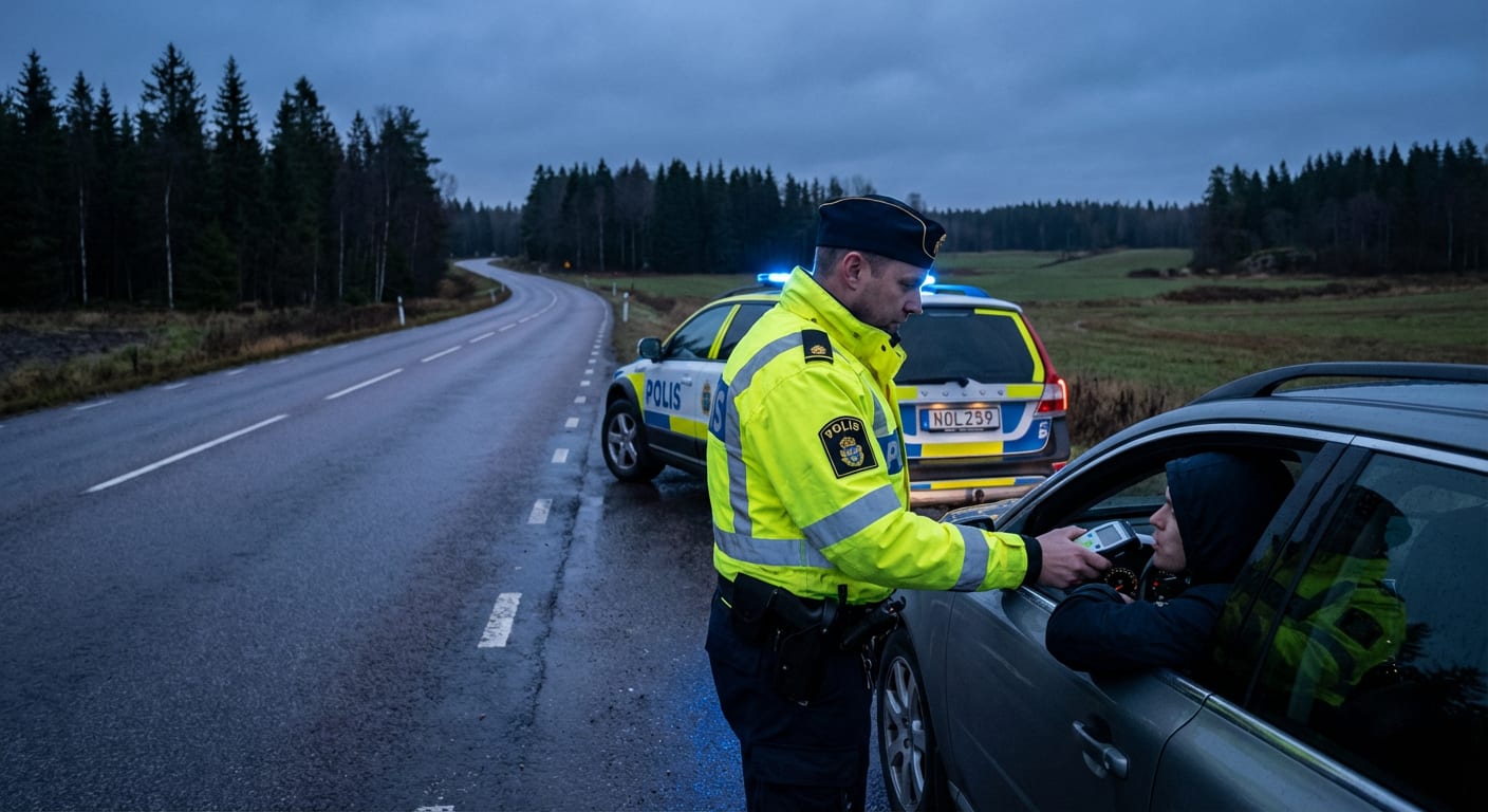 En polis i reflexväst och keps står vid en bil på en väg och håller fram en alkometer till föraren. Polisbilen, med blåljus aktiverade, står parkerad bakom. I bakgrunden syns skog och fält under en mulen himmel.