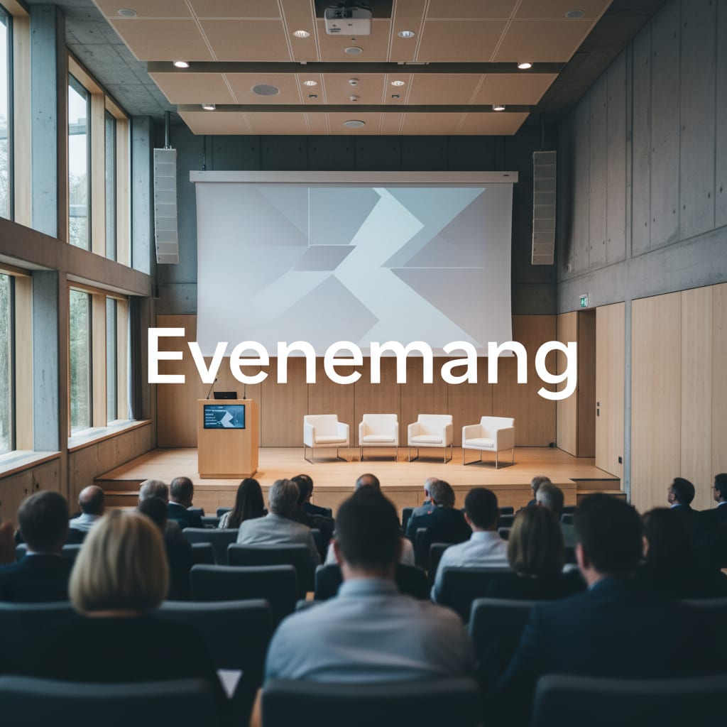 En bild inifrån en föreläsningssal eller ett auditorium. En scen med en talarstol och fyra vita fåtöljer syns i förgrunden, bakom vilken en stor projektorduk med ett geometriskt mönster spänns upp. En grupp människor sitter vända mot scenen med rygga