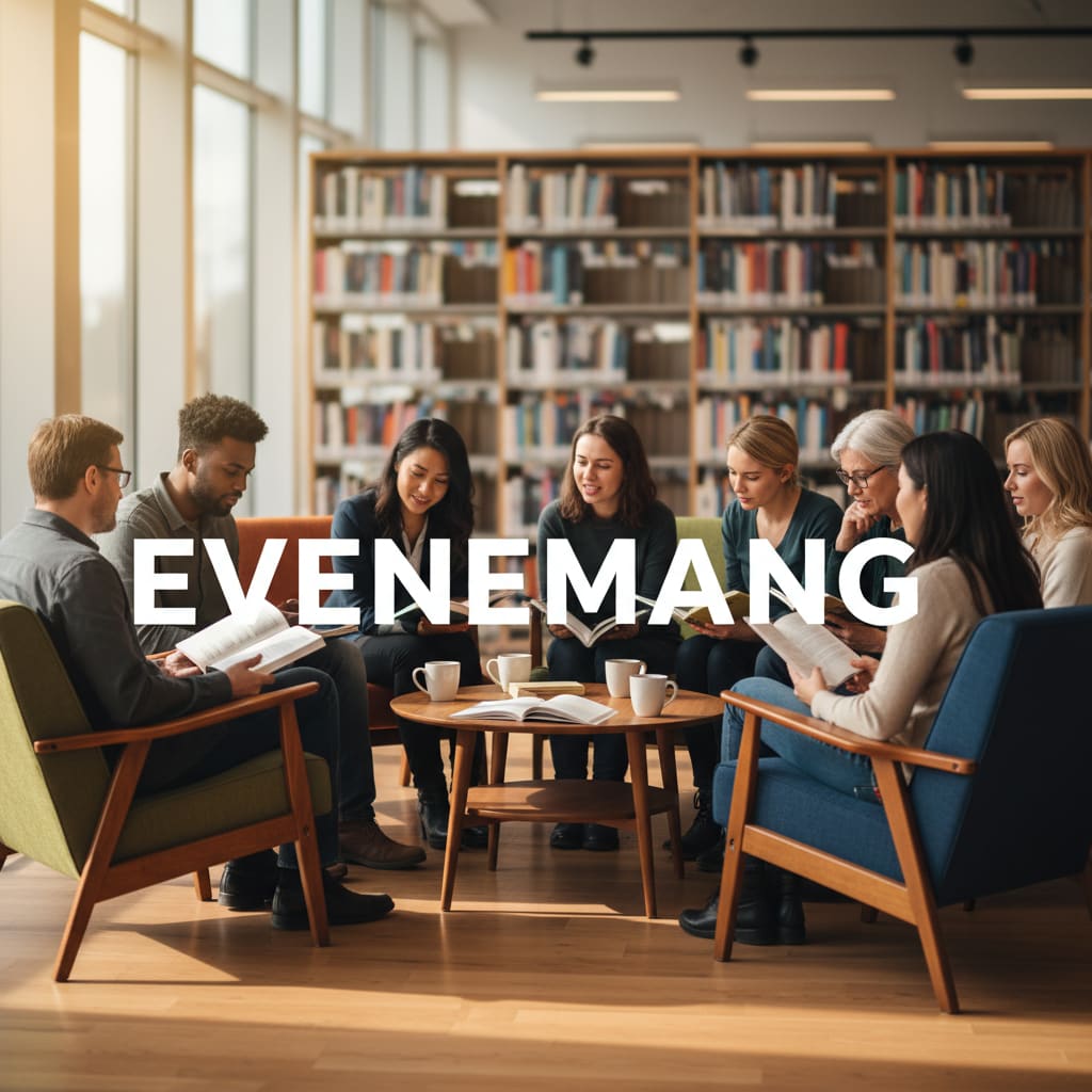 Bilden visar en grupp på åtta vuxna personer, varav sex kvinnor och två män, sittande i stolar runt ett lågt bord i ett rum med bokhyllor fyllda med böcker i bakgrunden. Alla utom en person håller i och läser ur böcker eller anteckningsblock. På bord