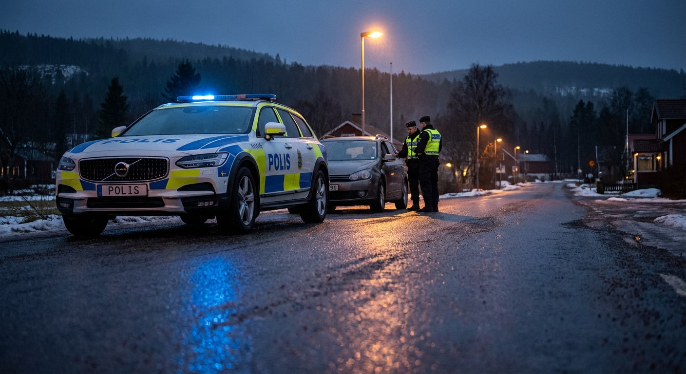 En svensk polisbil med blåljuset tänt står parkerad på en fuktig väg. Bredvid polisbilen står två poliser och talar med en person vid en mörk bil. Vägen kantas av snöfläckar, bostadshus, gatlyktor och träd under en mörk himmel.