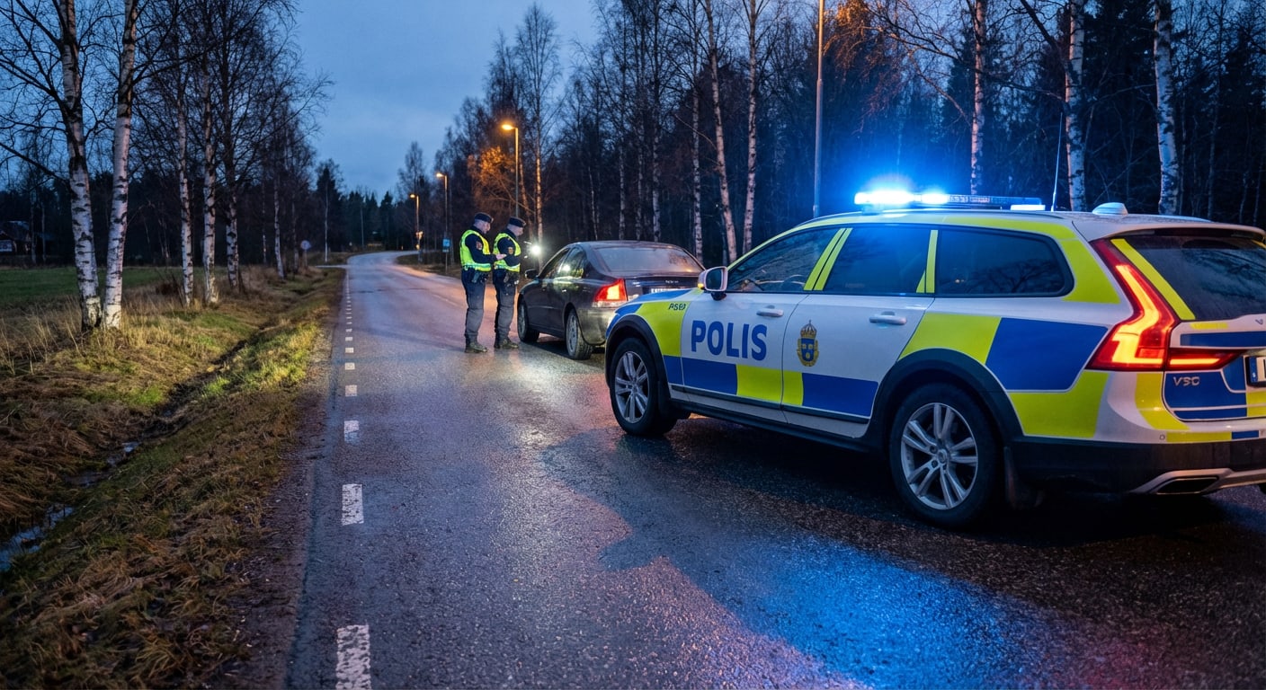En suddig bild i kvällsljus visar en polisinsats längs en väg. En polisbil med blåljus står parkerad bakom en mörk sedan, och två uniformerade personer står vid sedanens förarsida. Vägen är våt och kantas av träd och gräs. Gatlyktor lyser upp området