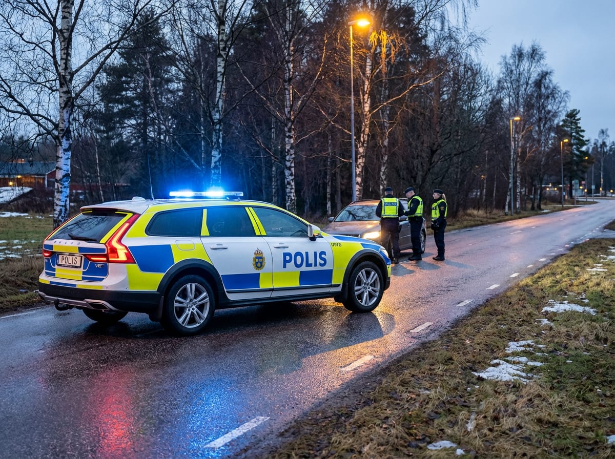 En svensk polisbil med blåljusen tända står parkerad på en väg under kvällstid eller tidig morgon. Tre poliser interagerar med en person vid en civilbil. Det finns träd och en gatlykta i bakgrunden. Vägen är våt och reflekterar ljus.