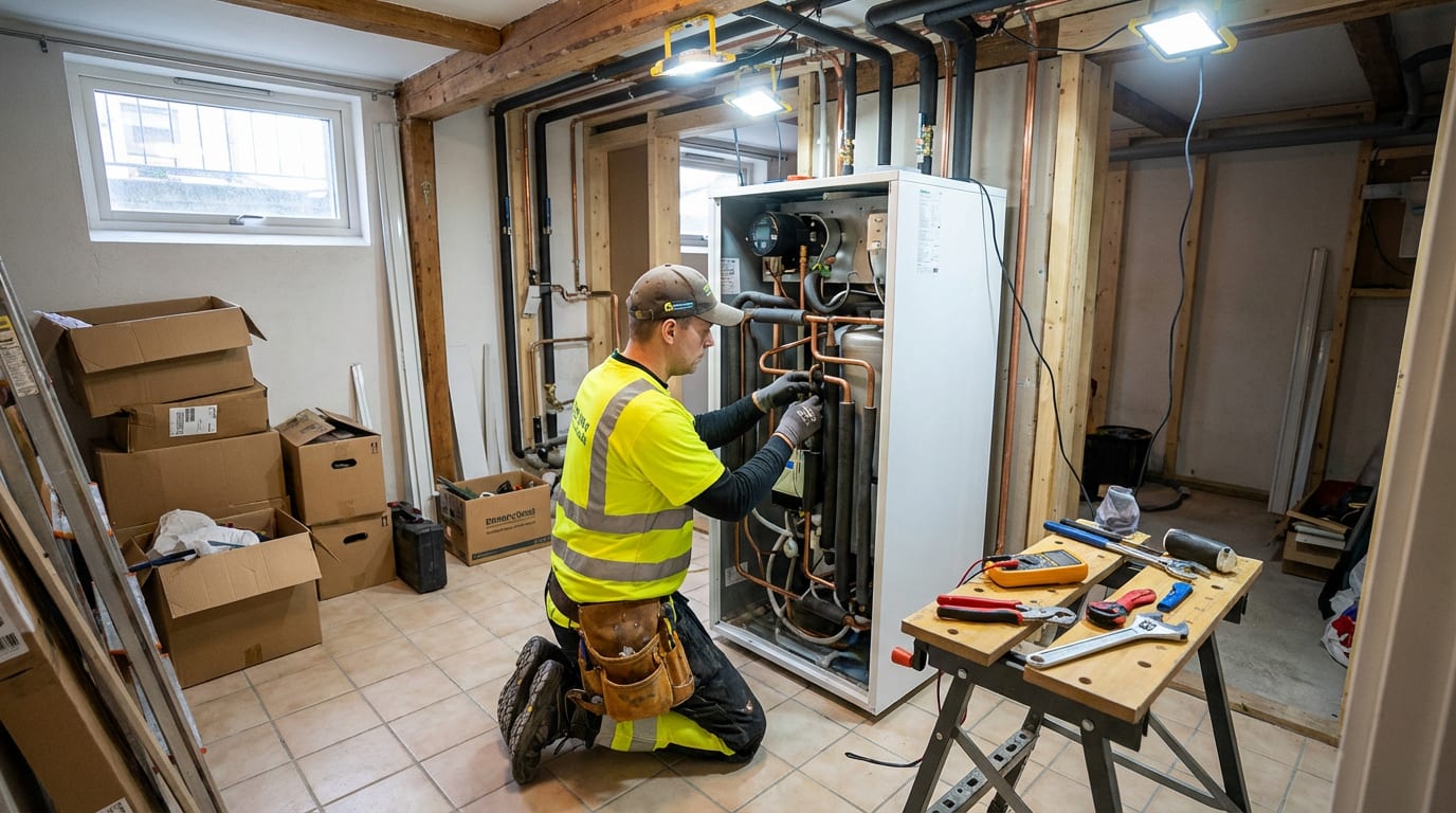 En person i arbetskläder, knäböjande, arbetar med ett tekniskt system i en oinredd källare. Verktyg ligger på ett arbetsbord bredvid. Kartonger och en stege står i bakgrunden. Ett fönster syns till vänster och belysning i taket.