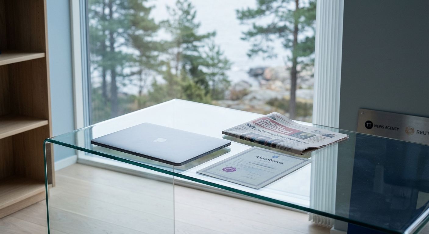 En bild interiör mot ett fönster. På ett glasbord syns en laptop, en tidning med rubriken "Dagens Industri" och ett dokument märkt "Aktiebolag". Utanför fönstret syns vatten, berg och träd. Till höger om fönstret finns en skylt med logotyper för "TT