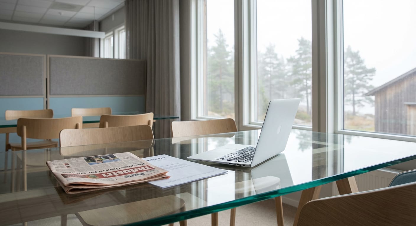 En ljus lokal med stora fönster mot barrträd och en byggnad utomhus. På ett glasbord i förgrunden ligger en hopvikt tidning (Dagens Industri), ett papper och en öppen laptop. Flera trästolar syns i rummet.