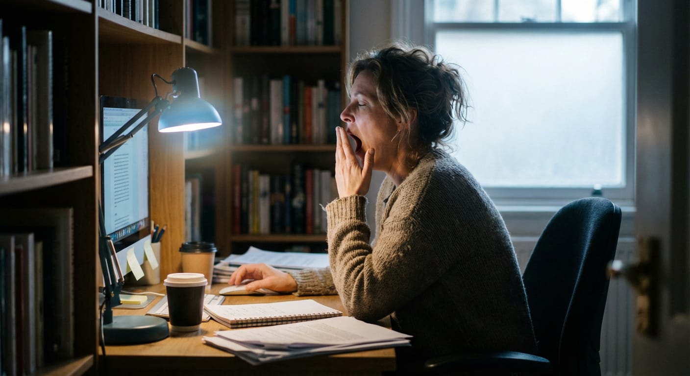 En individ sitter vid ett skrivbord med en datorskärm, skrivbordslampa, anteckningsböcker och kaffemuggar. Personen gäspar och håller en hand framför munnen. I bakgrunden syns bokhyllor och ett fönster.