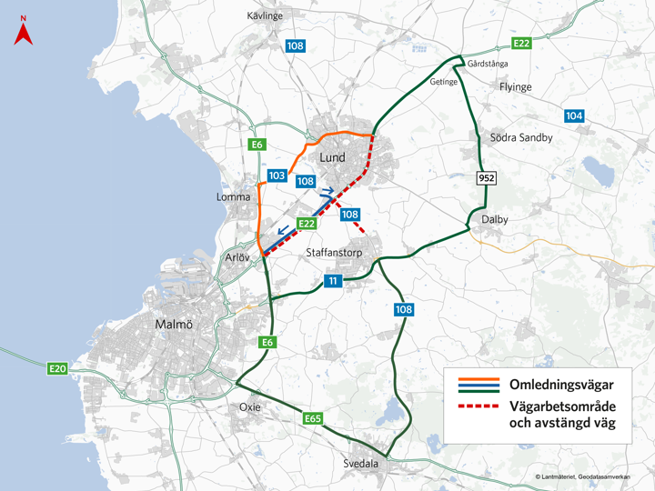 Totalavstängning av E22 och väg 108 mellan Lund och Staffanstorp under helgen 10–13 april