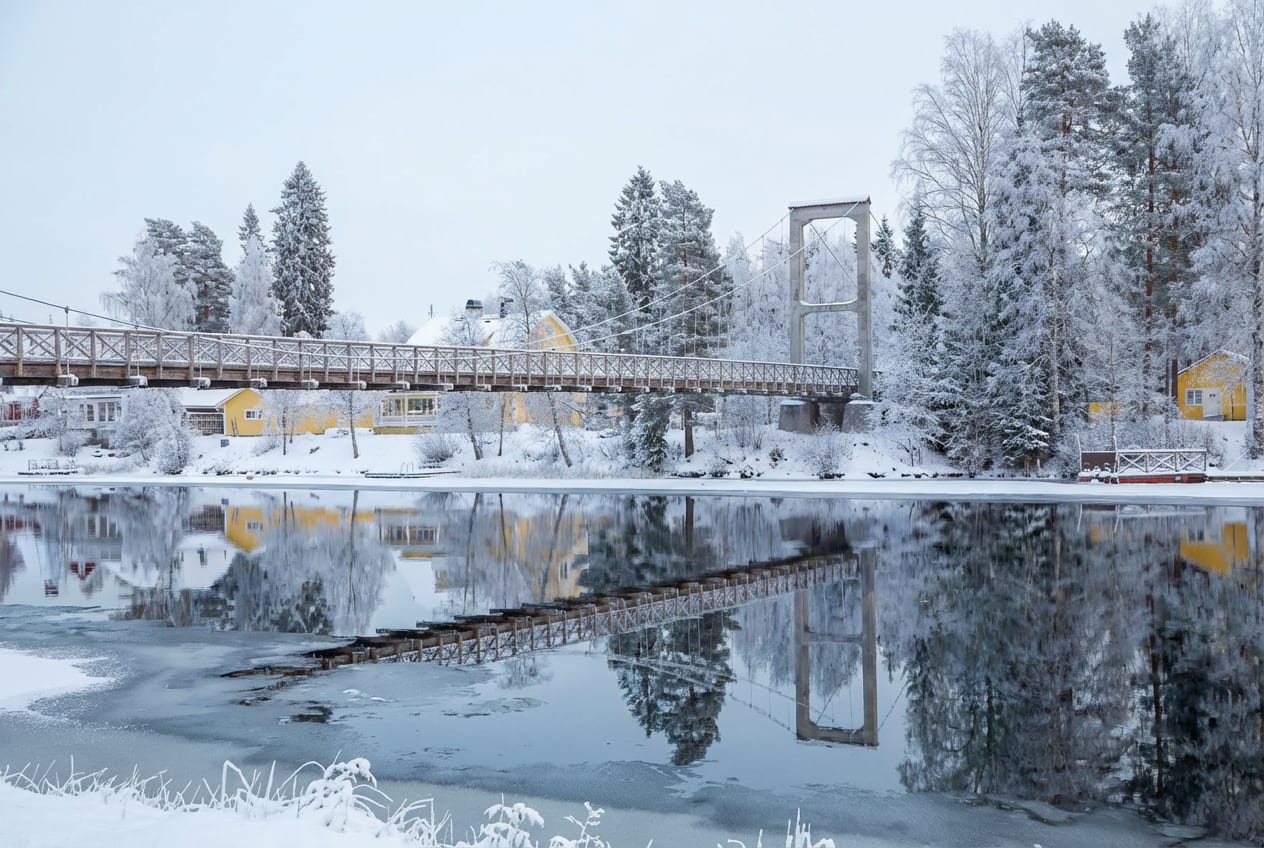 En vinterbild som visar en hängbro en bit ovanför ett delvis isbelagt vattendrag. På vardera sida av vattendraget står snötäckta träd och mark. Flera gula hus syns på den bortre stranden. Bron och omgivningen reflekteras tydligt i vattnet.