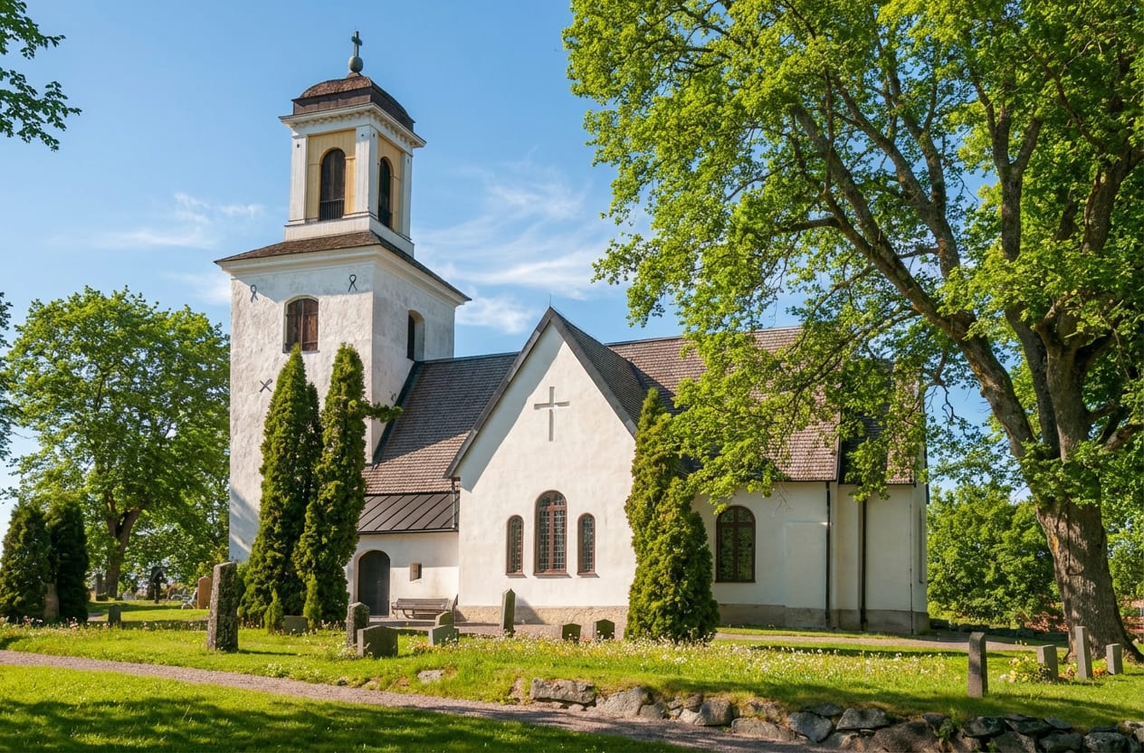 En vit kyrka med en brun taknock syns under en blå himmel med några moln. Framför kyrkan finns en grön gräsmatta med stora träd och flera gravstenar står utspridda. Till vänster om kyrkan syns en del av en kyrkogård.