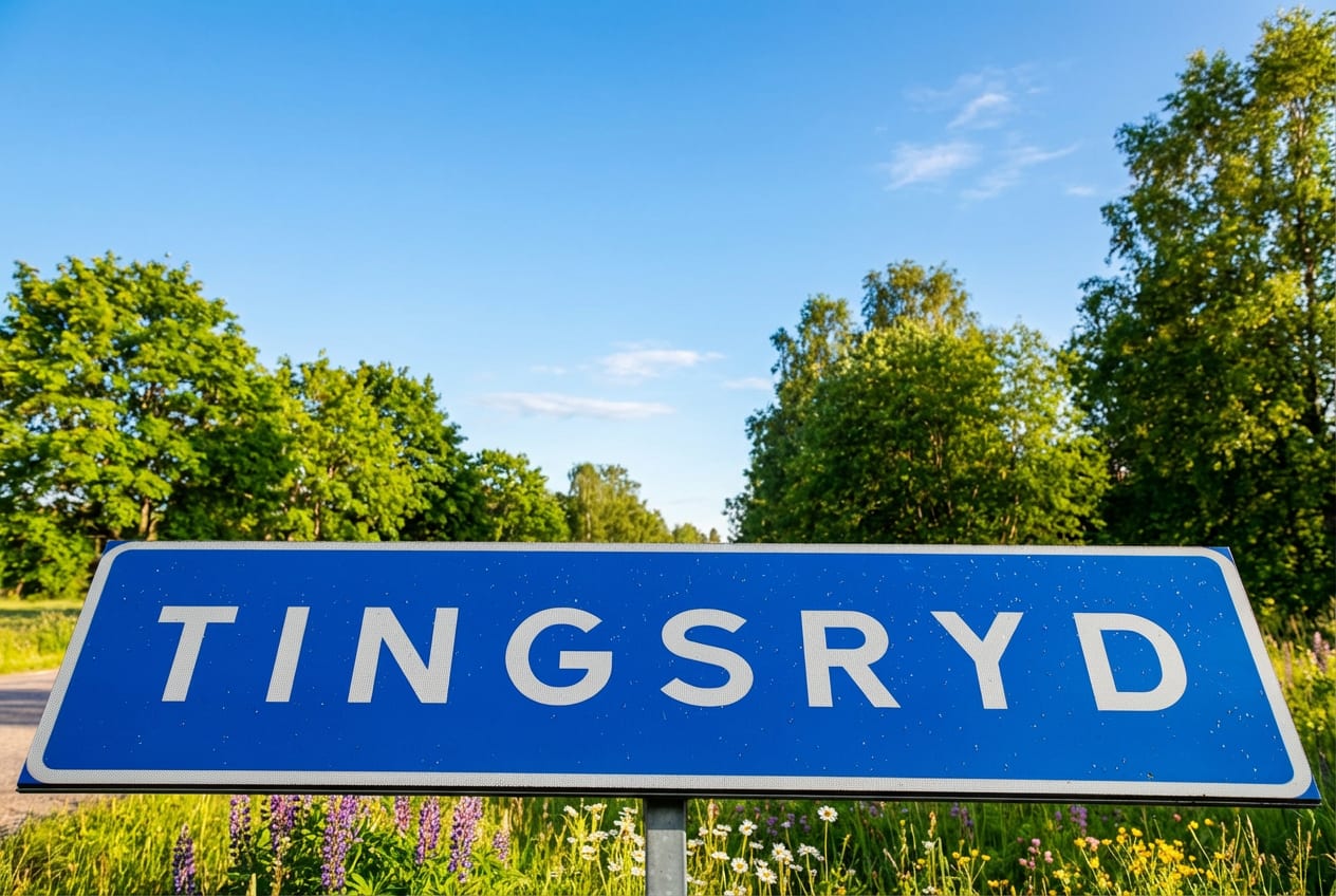 En blå skylt med vit text "TINGSRYD" står placerad vid en vägkant med gräs och blommor i förgrunden. I bakgrunden syns gröna träd och en klarblå himmel med några vita moln. Solen lyser på landskapet.