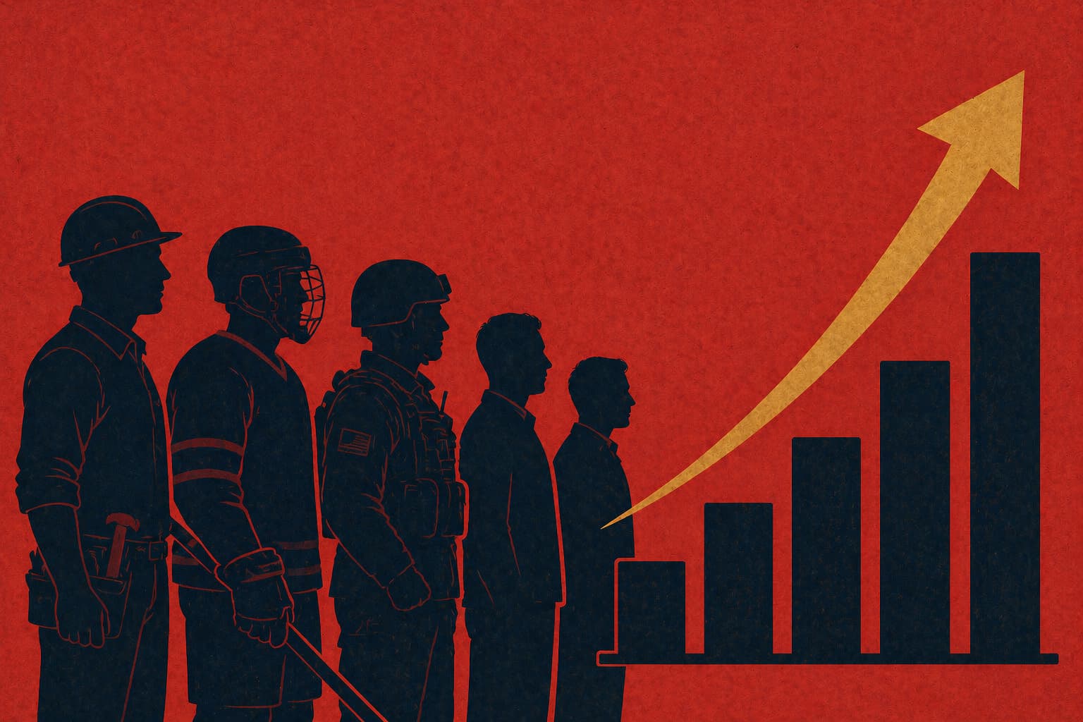 Illustration på röd bakgrund av grupp män