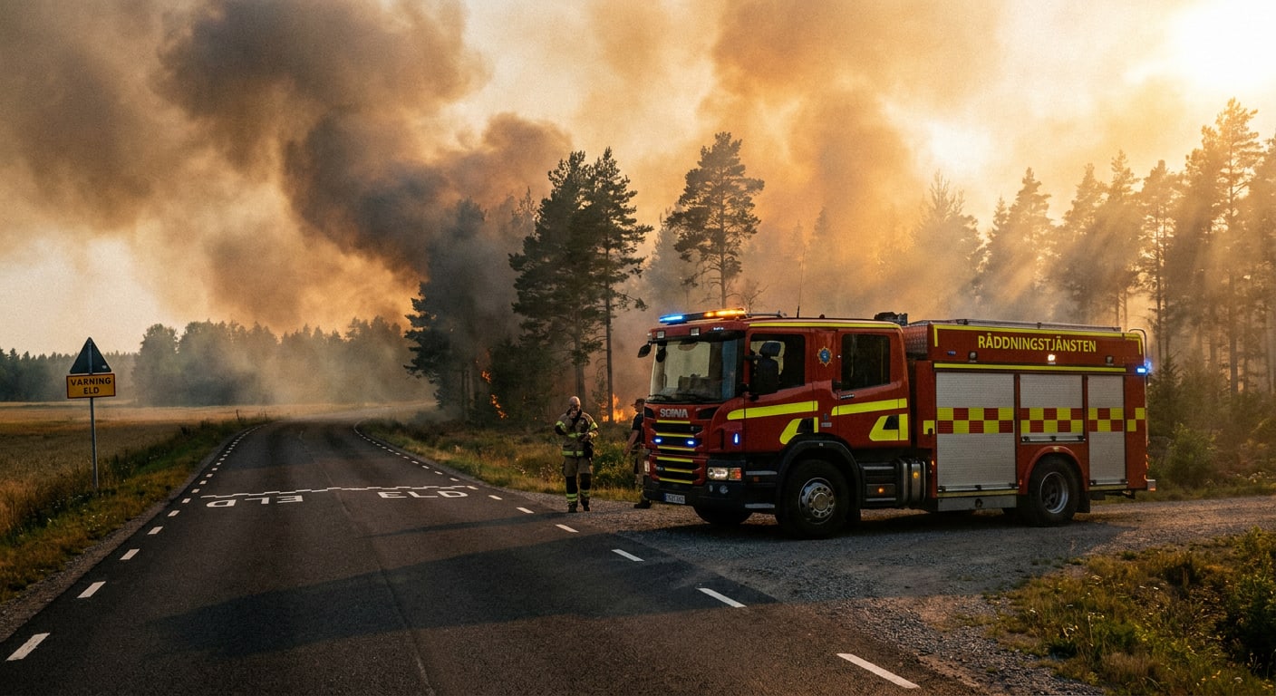 En brandbil med texten "RÄDDNINGSTJÄNSTEN" står parkerad vid sidan av en asfalterad väg. I bakgrunden syns skog med en pågående brand som genererar mycket rök och lågor. En brandman i full utrustning ses stå intill brandbilen och det är även dimma vi