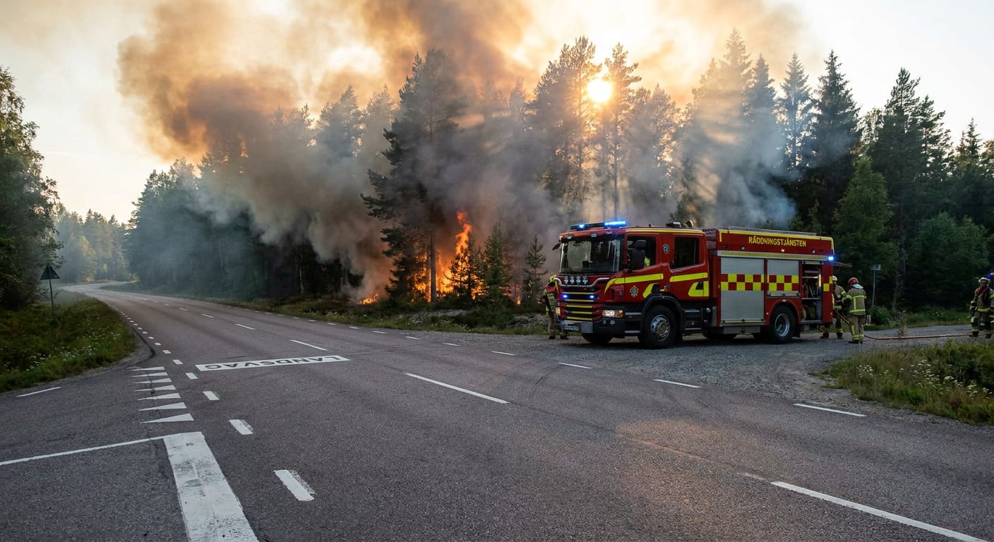 En röd brandbil med blåljus står parkerad vid sidan av en asfalterad väg. I skogen bakom brandbilen syns en brand med lågor och kraftig rökutveckling. Flera brandmän i skyddsutrustning är närvarande vid brandbilen och vid brandplatsen.
