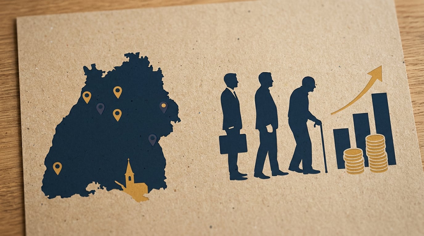 En bild som presenterar en mörkblå karta med gula och mörklila platsnålar och en gul kyrkbyggnad. Vid sidan av kartan syns en illustration av män i olika skeden av livet som övergår i ett stapeldiagram med mynt och en uppåtgående pil, allt på ett bru