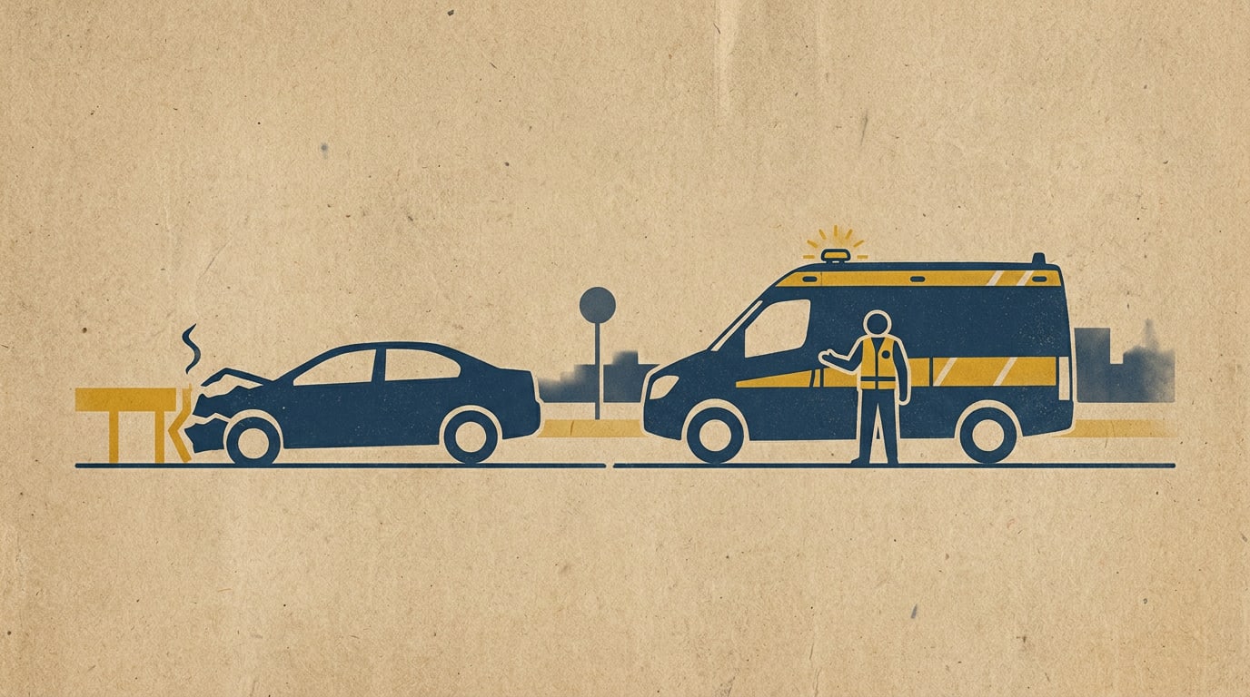 En stiliserad illustration på en texturerad, beige bakgrund som visar en grå/blå utryckningsbil med gula detaljer och en grå/blå bil med krockskador. Bredvid utryckningsbilen står en person i grå/blå uniform och gul väst. En skylt med bokstäverna "TK