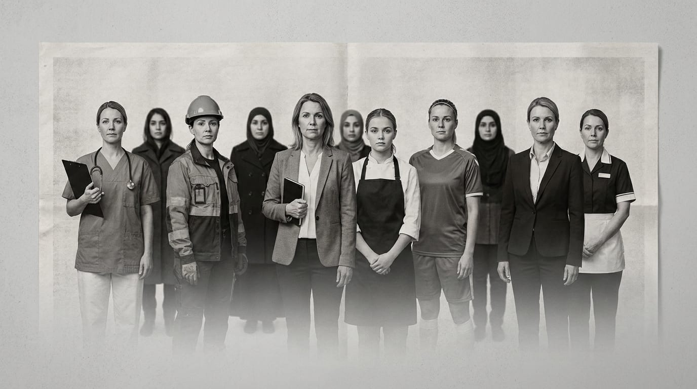 Bilden visar elva kvinnor i svartvitt, stående i en rad mot en ljus bakgrund som liknar veckat papper. Kvinnorna är klädda i olika typer av arbetskläder, symboliserande olika yrken. Ljuset kommer ovanifrån och skapar mjuka skuggor undertill.