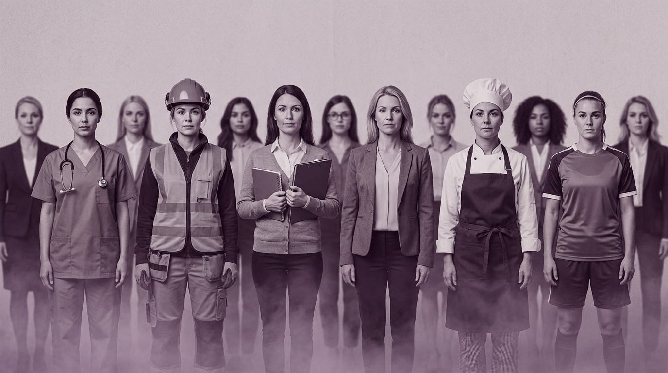 En svartvit bild där en grupp kvinnor står uppställda med allvarliga ansiktsuttryck. Kvinnorna är klädda i olika yrkeskläder som representerar olika branscher, med vissa som medicinsk personal, byggarbetare, kontorsarbetare, kock och fotbollsspelare.