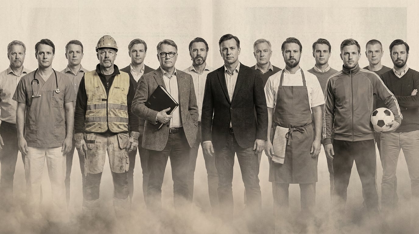 En svartvit bild visar 13 män uppställda i prydliga rader. Männen representerar olika yrken, klädda i bland annat läkarkläder, byggarutrustning, kostym, kockförkläde och träningskläder med fotboll. Fötterna och underbenen är delvis skymda av ett vitt