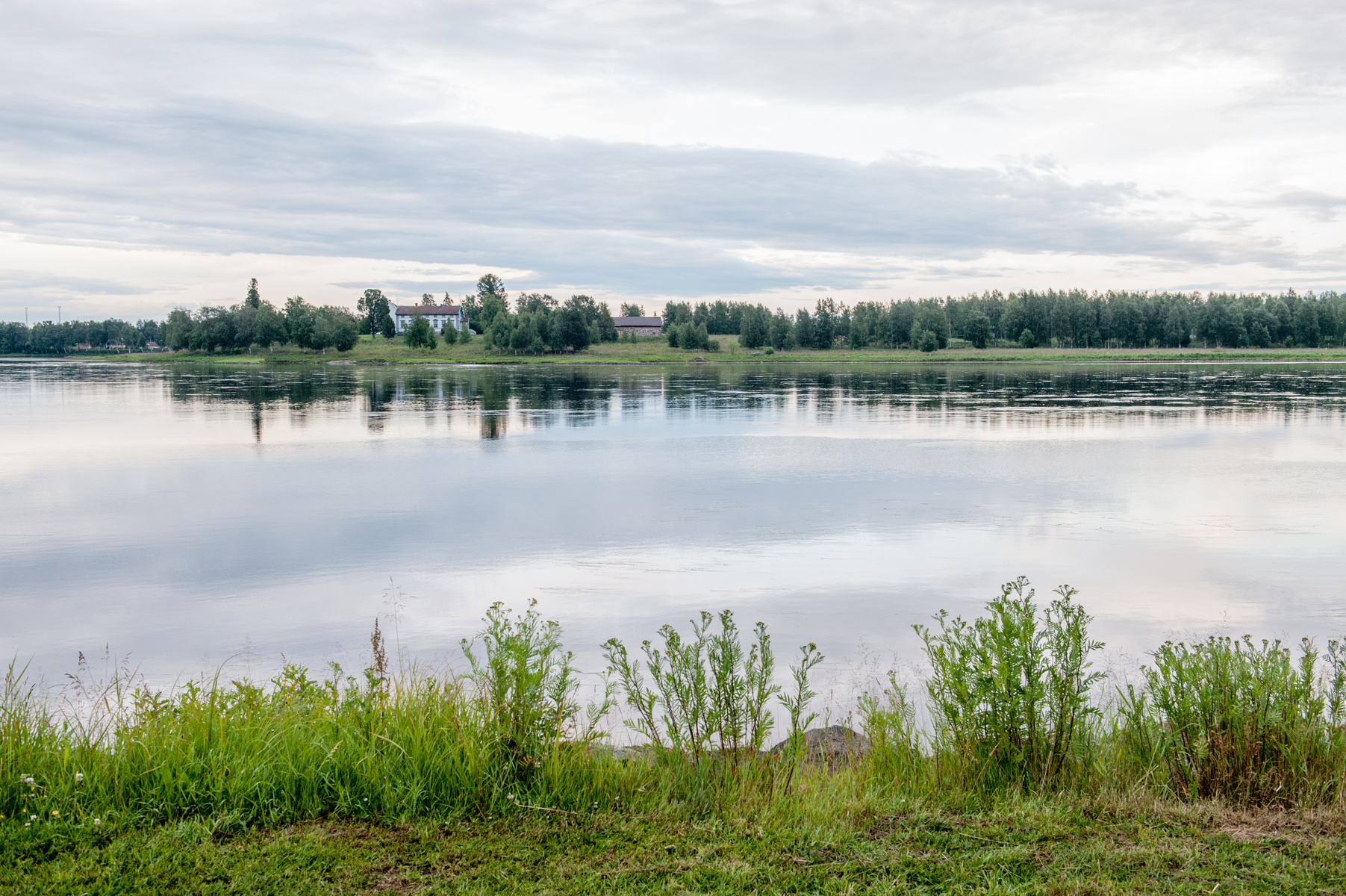 En bild som visar en stilla vattenyta med spegelbilder av moln och träd. På andra sidan vattnet syns grönskande träd, några byggnader och en ljus himmel med moln. I förgrunden syns gräs och grönskande växter.