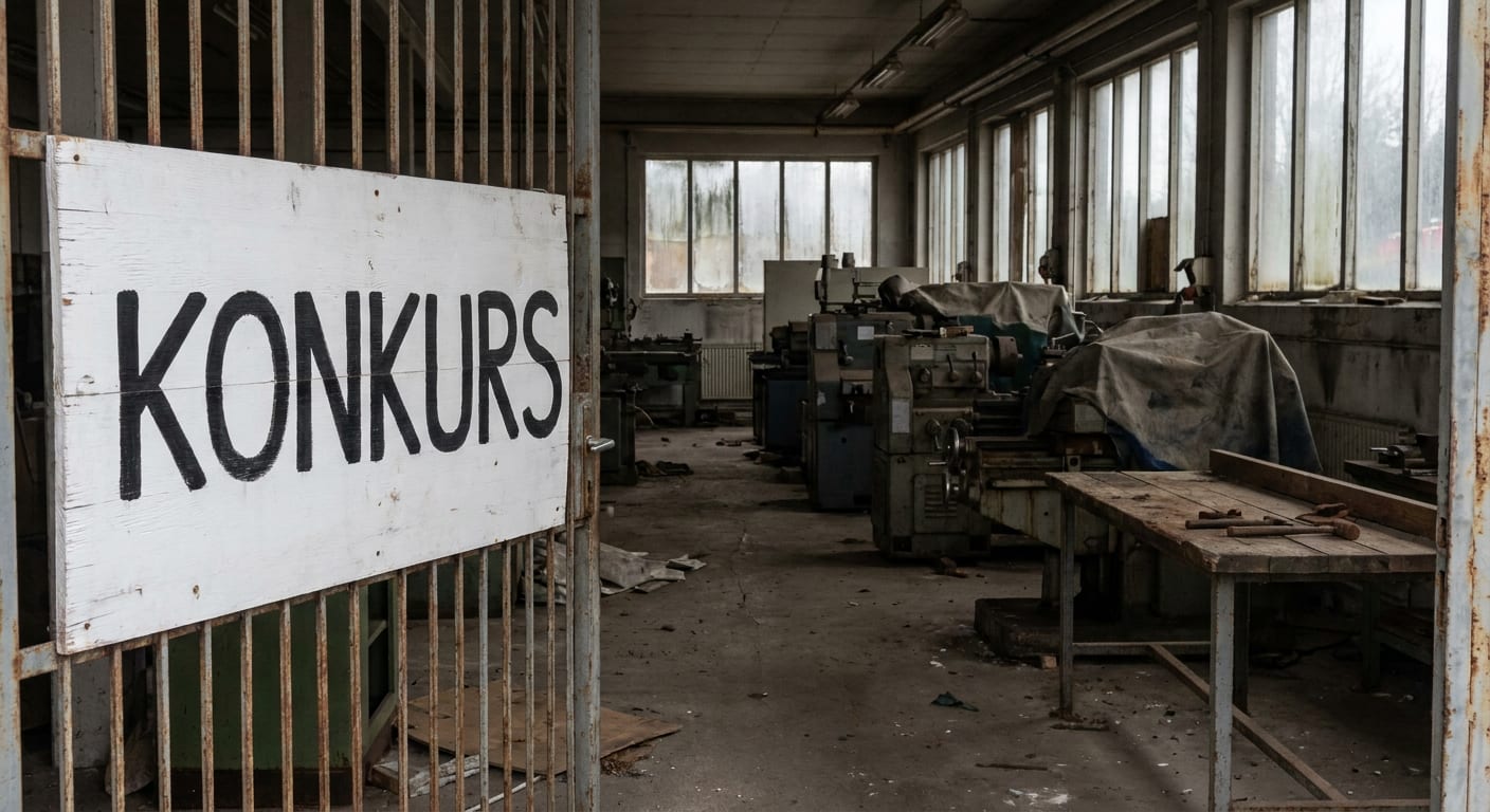 En stor, öppen fabrikslokal med slitna industrimaskiner täckta med dukar. På en öppen rostig grind i förgrunden hänger en vit skylt med texten ”KONKURS” i svarta versaler. Golvet är smutsigt och fönstren är stora och spröjsade.