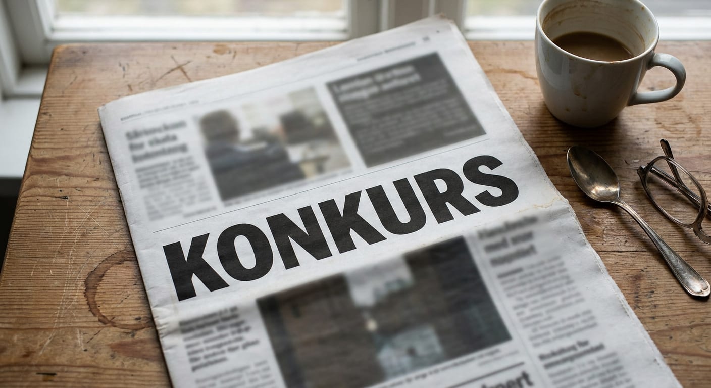 En tidning ligger vikt med rubriken "KONKURS" mitt i bilden på ett träbord. Bredvid tidningen finns en kaffekopp med spillda dryckesrester, en sked och ett par glasögon. I bakgrunden syns ett fönster.