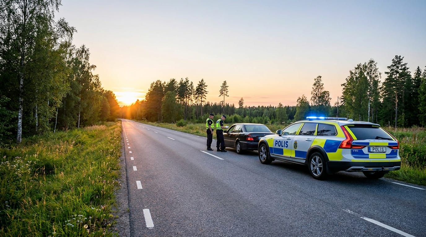 En lång, rak landsväg sträcker sig mot horisonten, där en solnedgång färgar himlen i gult och rosa. Två polismän i reflexvästar står vid en mörk personbil medan en svensk polisbil med blåljus aktiverade står bakom den. Vägen kantas av grönska och trä