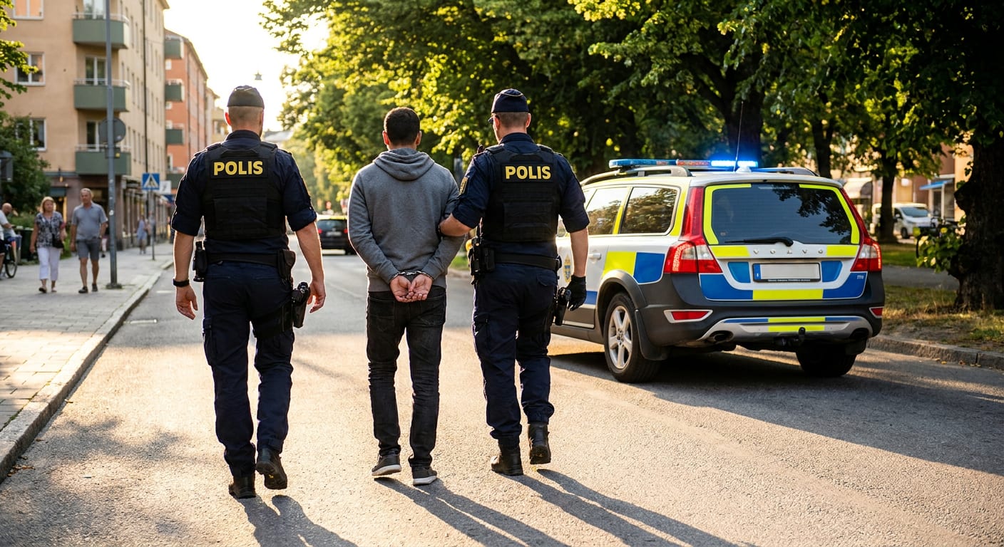 Bilden visar två poliser som leder en person med handfängsel längs en gata. En polisbil står parkerad intill trottoaren. I bakgrunden syns bostadshus och träd. Fler personer syns på trottoaren till vänster i bilden.