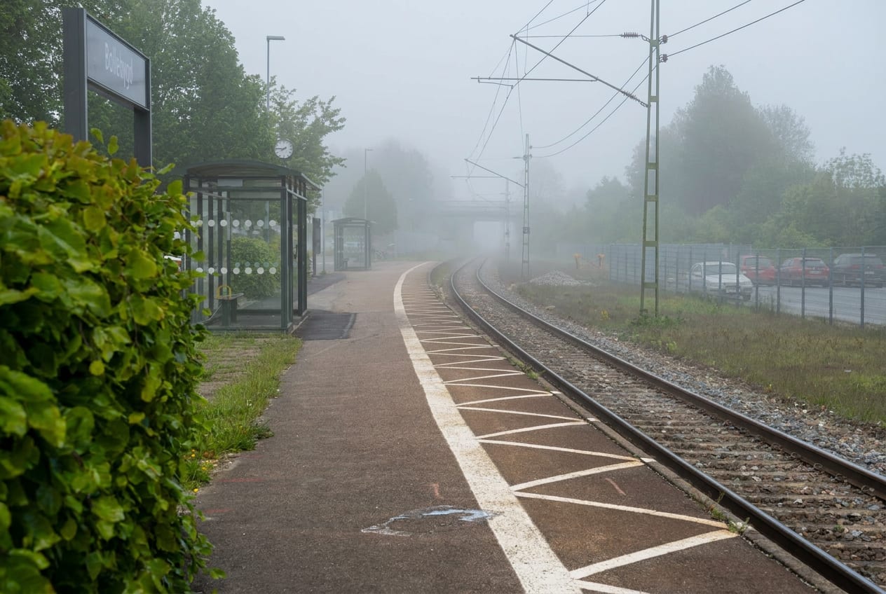 En bild av en tågperrong och spår på Bollebygds järnvägsstation under en dimmig dag. Till vänster syns gröna buskar och en informationsskylt med texten Bollebygd. Perrongen har markeringar på marken och i bakgrunden skymtar en parkeringsplats med bil