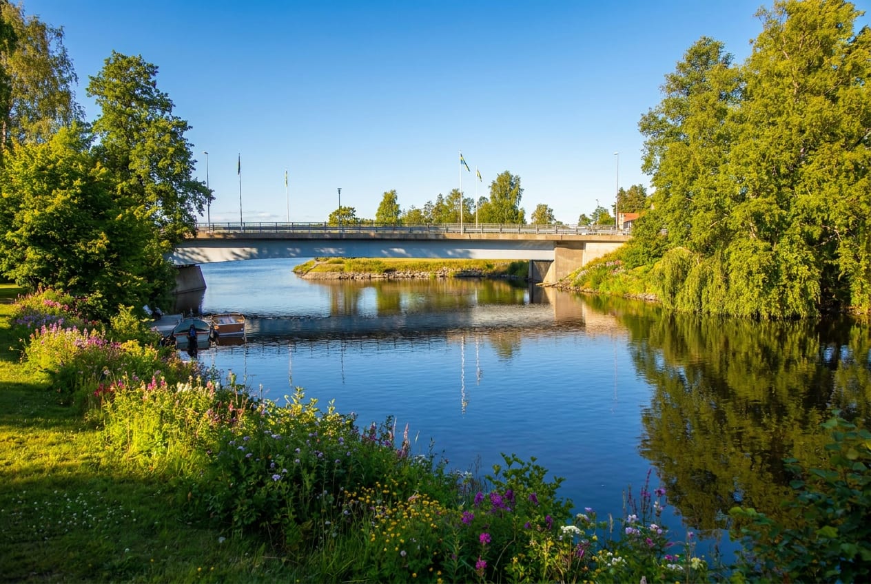 En bro sträcker sig över ett vattendrag med grönskande buskar och träd på sidorna. Två små båtar ligger förtöjda vid strandkanten till vänster. En liten ö med gräs syns under bron i mitten av vattendraget. Blå himmel ovanför.