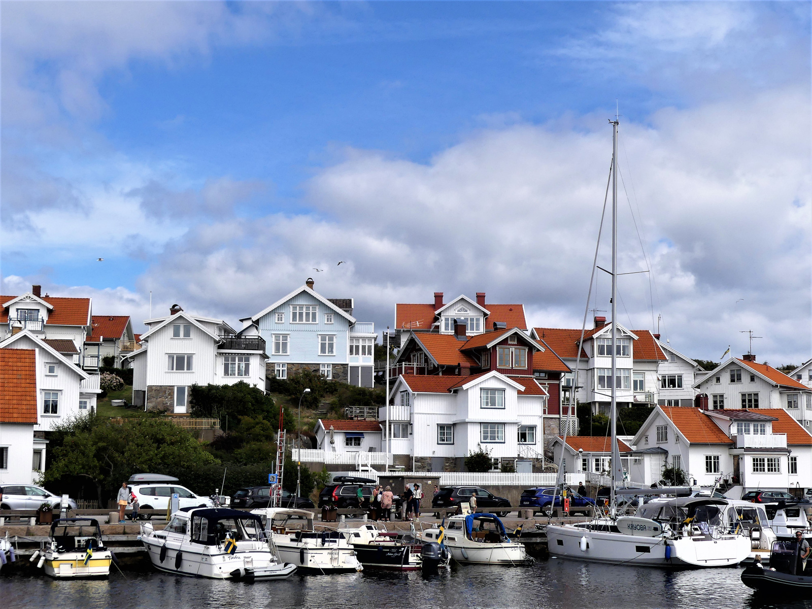 En bild som visar en småbåtshamn med flera förtöjda båtar i förgrunden, omgiven av hus med röda tak som klättrar uppför en sluttning. Himlen är delvis täckt av moln.