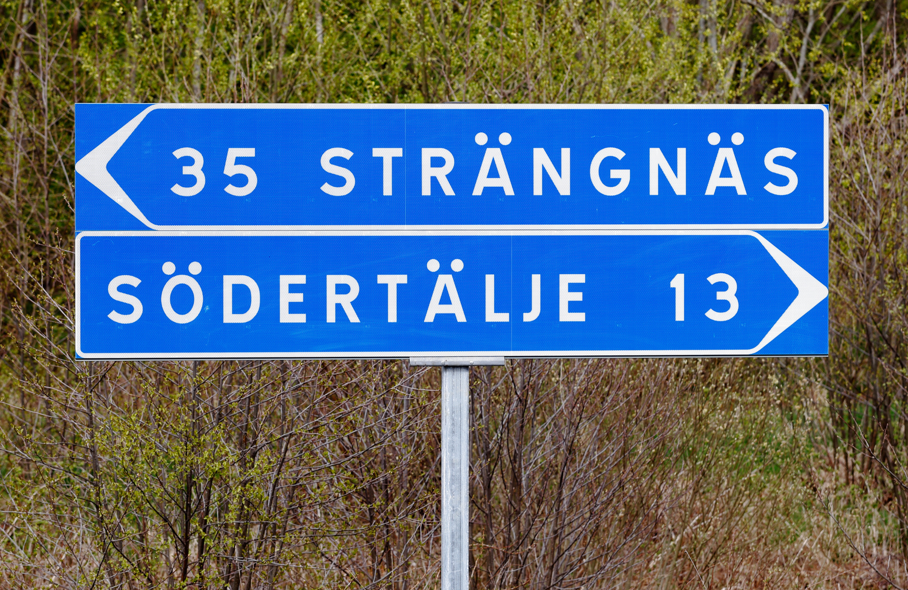 En blå vägskylt med vit text på en metallstolpe. Skylten visar "35 STRÄNGNÄS" med en vänsterpil och "SÖDERTÄLJE 13" med en högerpil. Bakgrunden består av träd och buskar med gröna knoppar och vissna löv.
