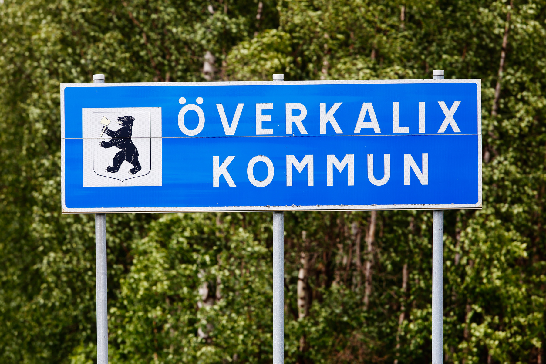 En blå skylt med vit text som anger "ÖVERKALIX KOMMUN" och har en heraldisk björn som håller en yxa. Skylten är monterad på metallstolpar och bakgrunden består av gröna träd och lövverk, vilket antyder utomhusmiljö.